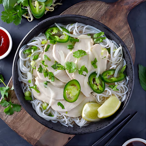 Overhead view of a bowl of Pho Ga with chicken, noodles, jalapeños, and lime.